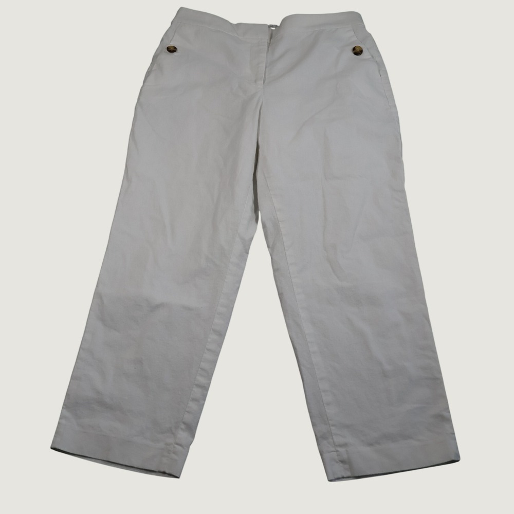 J. Crew White Linen Cotton Blend Straight Leg Pants Size 12 Elastic Back Pocket